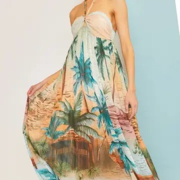 Front Slit Tropical Print Long Dress - Picture 1 of 5